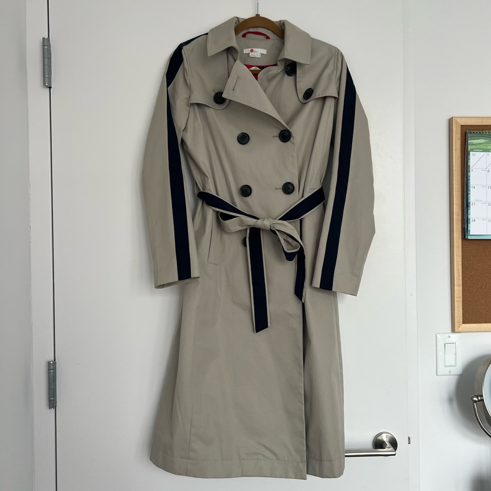 Boden Tan/beige trench coat with navy stripe detail